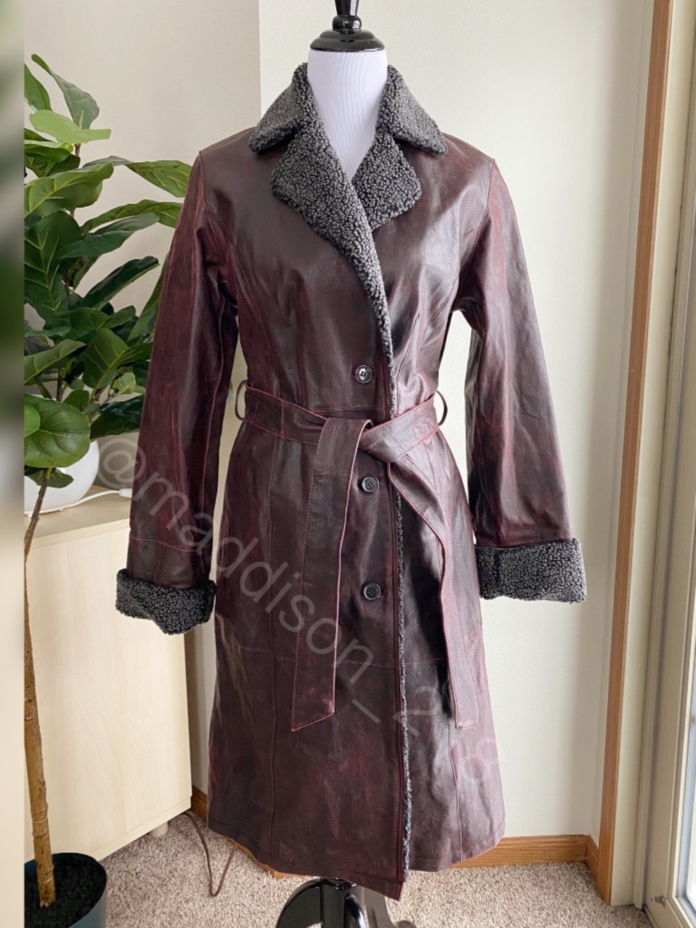 Vintage Leather Ruff Hewn Penny Lane Trench Coat Faux Fur Red Brown Medium